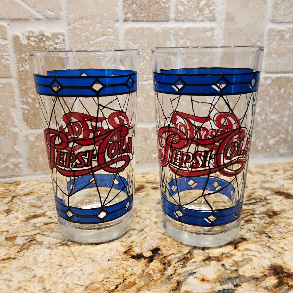 Vintage Pepsi Cola Tiffany Style 1970s Stained Glass Drinking Glasses Set of 2